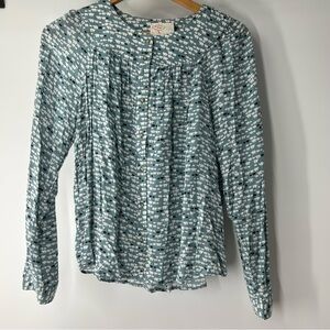 Anthropologie Teal and White Bear Patterned Blouse